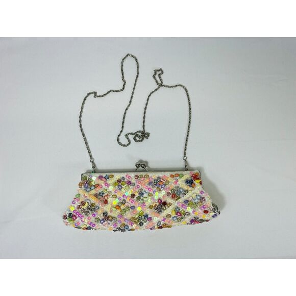 Seashell Beachy Dolphin Beaded Clutch Sequin Pastel Evening Shoulder Bag - Picture 1 of 11